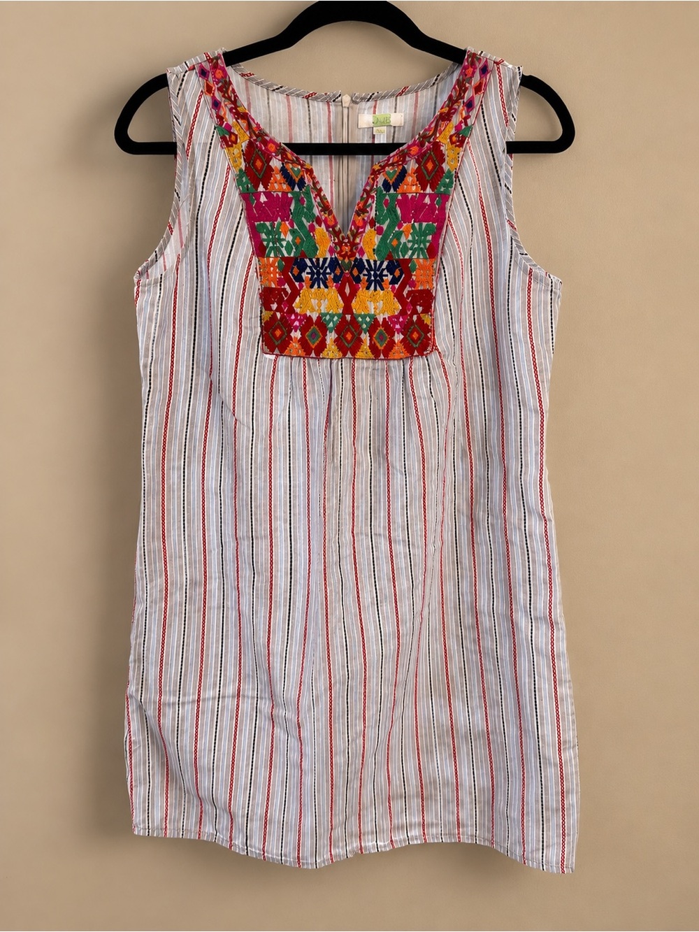 Jade White Striped Sleeveless Mini Dress with Multicolor Embroidered Yoke